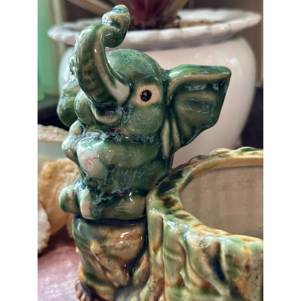 Vintage Ceramic Elephant Planter | Green Glazed Elephant & Bamboo Pot | Boho Jun